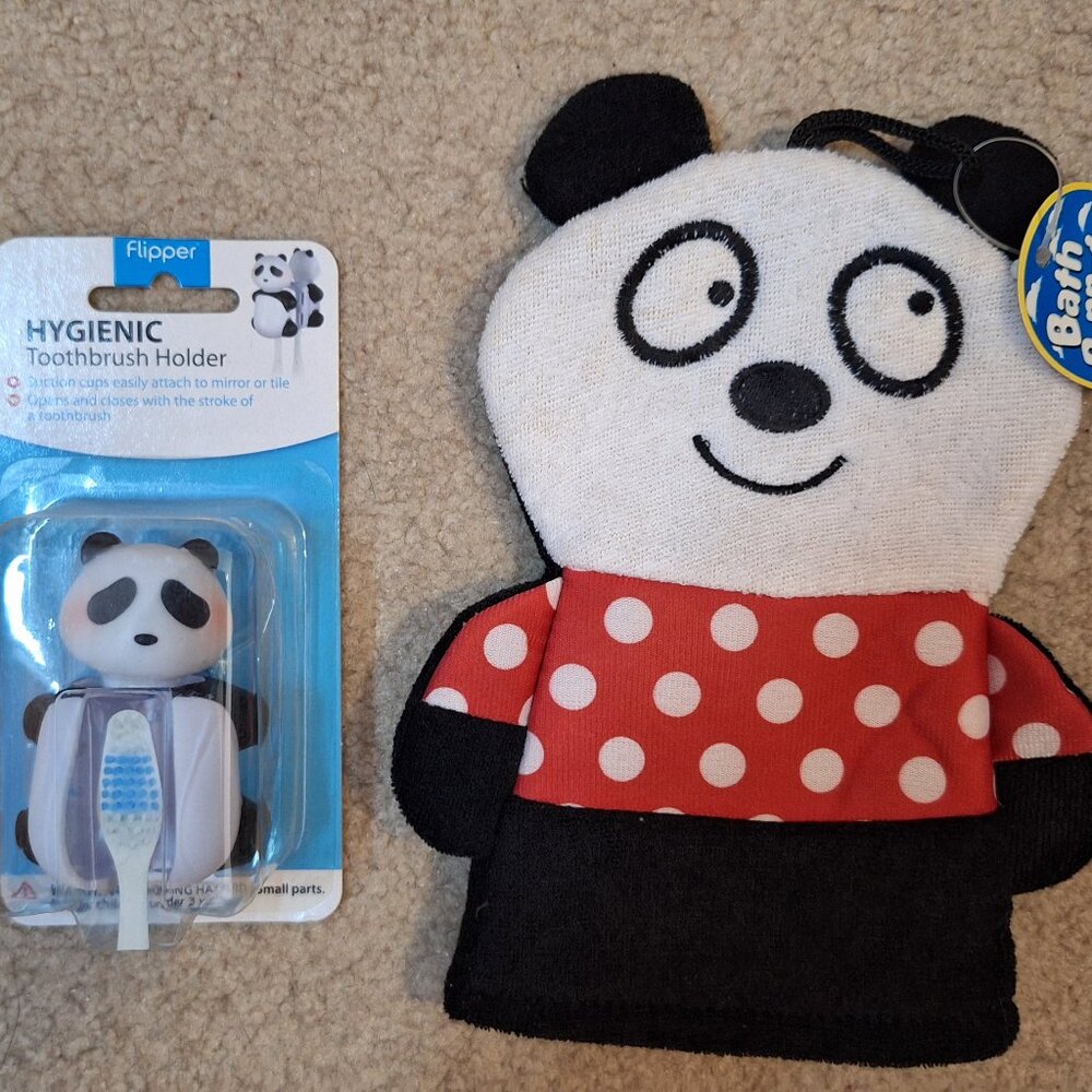 Children's Panda Bear Bath Mitt and Toothbrush Protector